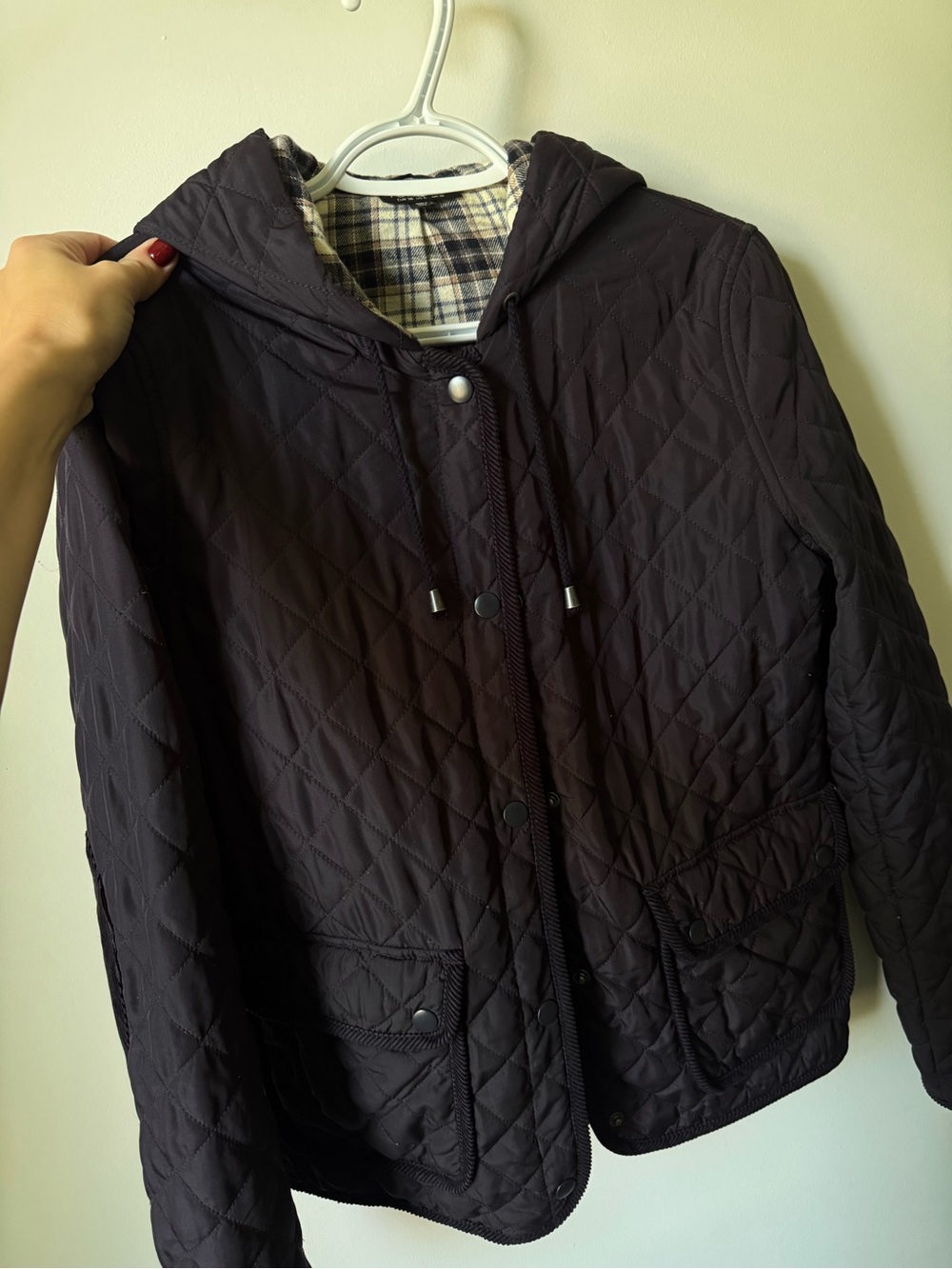 Topshop Quilted Hooded Jacket for Women - navy and plaid